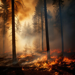 Wildfire burns trees and dried grass in a forest fire disaster - obrazy, fototapety, plakaty