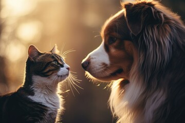 A cat and a dog are standing next to each other, looking at the camera