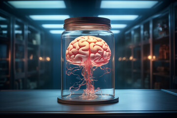Human brain floating in formaldehyde in a medical laboratory