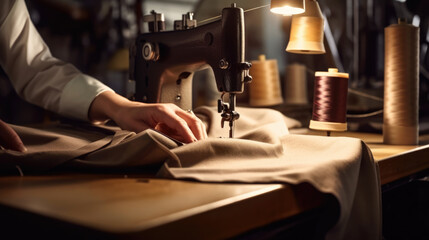 Seamstress works in a garment industry textile factory, sewing clothes - obrazy, fototapety, plakaty