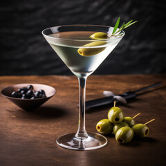 Martini cocktail in a glass on a table with olives