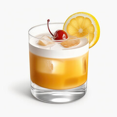 Old fashion cocktail drink with a slice of orange and cherry in a glass on a white background