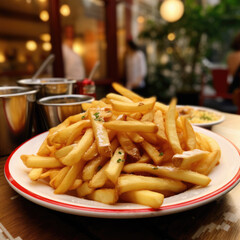 Pile of french fries on a plate in a restaurant