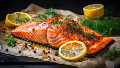 Fillet of salmon fish with herbs and lemon