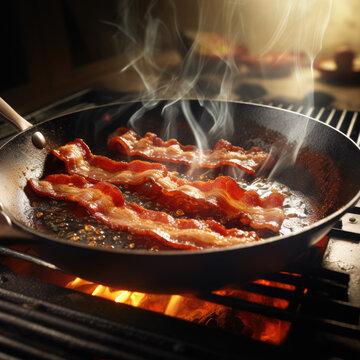 Bacon Fries In A Pan On A Hot Grill For Breakfast