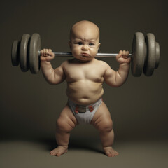 Strong infant baby boy lifting barbell weights