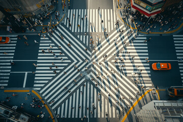 Overhead aerial view of a very busy pedestrian crosswalk in downtown Tokyo Japan