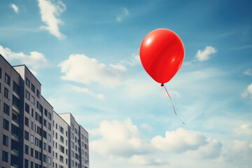 Single lone red balloon floats in the summer sky in the downtown urban city