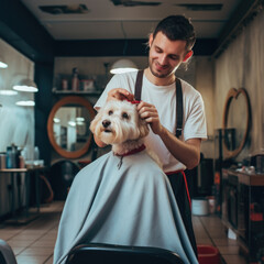 Small dog gets his hair cut and groomed by a barber in a barbershop