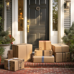 Online shopping package delivery on the front doorstep of a residential home - obrazy, fototapety, plakaty
