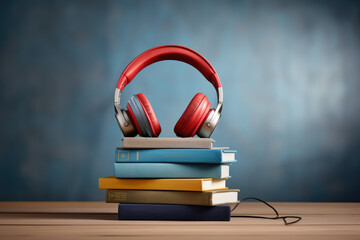 Headphones in a reading book library audiobook listening concept