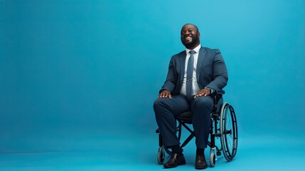 black businessman in a wheelchair embodies success and resilience in the corporate world. Ideal for business stock imagery on diversity and empowerment