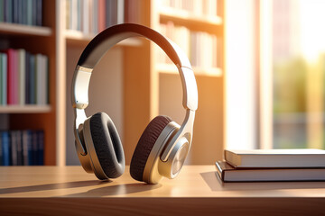 Headphones in a reading book library audiobook listening concept - obrazy, fototapety, plakaty