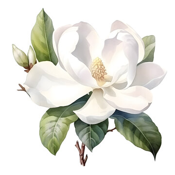 Beautiful white watercolor realistic magnolia flower with leaves, vintage PNG illustration isolated on transparent background. Digital AI generated art