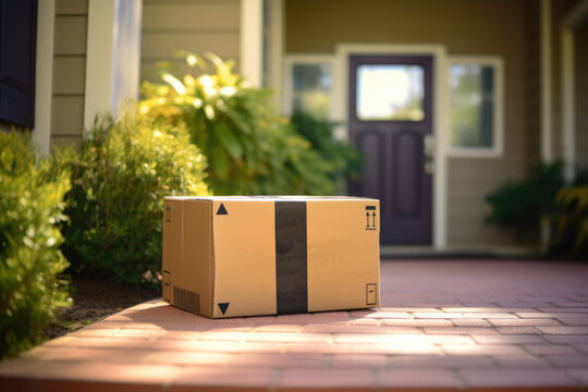 Online shopping package delivery on the front doorstep of a residential home