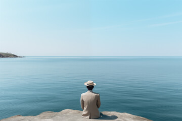 Man sits alone with his thoughts on a rock by a calm ocean