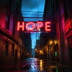 Neon sign in a wet city alley that reads hope