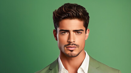 Portrait of an elegant sexy handsome serious Latino man with perfect skin, on a light green background.