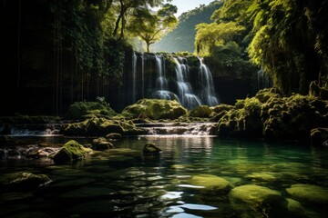 A waterfall cascades in a forest, surrounded by a river and lush vegetation - obrazy, fototapety, plakaty