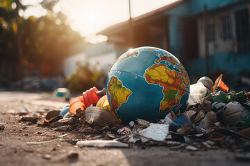 Globe of planet earth on the dirty street in a pile of garbage environmental pollution concept