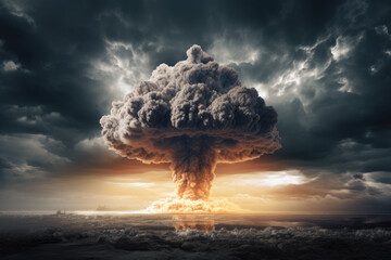 Dark mushroom cloud rises from an atomic bomb weapon explosion - obrazy, fototapety, plakaty
