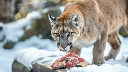Naklejka premium Puma comendo carne na natureza - Papel de parede