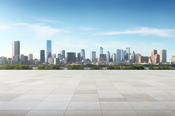 Empty concrete tile platform with a modern city background