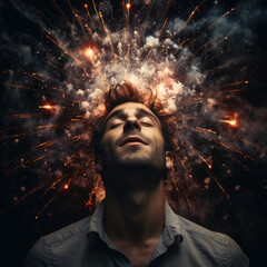 Man's head exploding in deep thought ideas