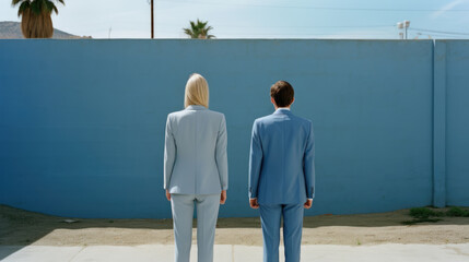 Man and woman in blue polyester suits stare at a blank concrete wall in the city