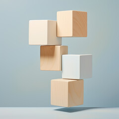 Floating wooden blocks on a pastel background design concept