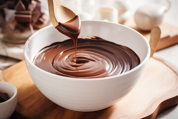Melted chocolate in a white bowl being stirred by a wooden spoon