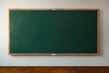 Blank school chalkboard at the front of a classroom with copy space