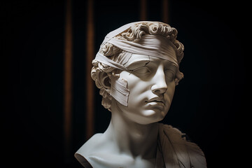 Classical marble statue head with bandages over the damaged cracks