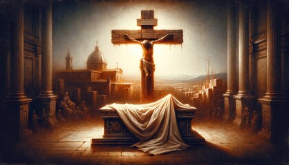 Resurrection. Jesus Christ on the cross on the altar. Digital painting.