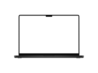 Front View Laptop PNG with transparent screen for inserting images, isolated on white background, space black body. Whole in focus. Highly detailed.