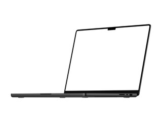 Space Black Macbook mockup in right view with transparent screen for inserting images, isolated on white background, space black body. Whole in focus. Highly detailed. - obrazy, fototapety, plakaty
