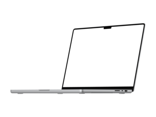 Silver Macbook PNG with transparent screen for inserting images, isolated from background, Silver body. Highly detailed