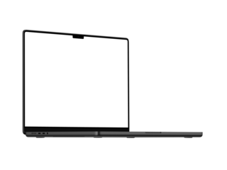 Dark macbook mockup with transparent screen for inserting images, isolated on white background, space black body. Whole in focus. Highly detailed.
