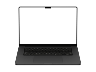 Dark Macbook with transparent PNG for inserting images, isolated on white background, space black body. Whole in focus. Highly detailed.