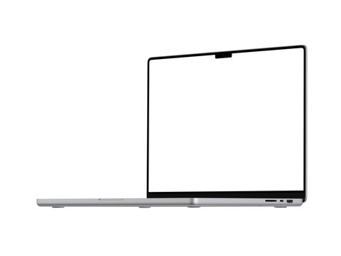 Right View Macbook mockup with transparent screen for inserting images, isolated from background, Silver body. Highly detailed