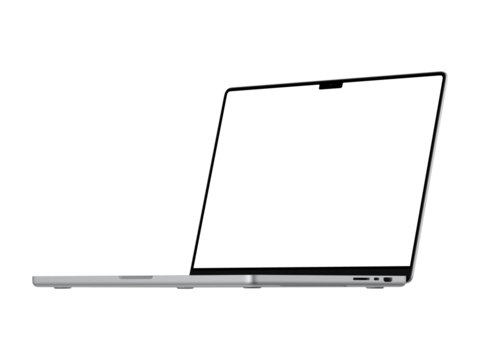 Silver Macbook PNG with transparent screen for inserting images, isolated from background, Silver body. Highly detailed