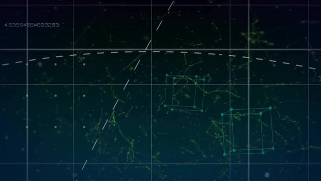Animation of network of connections with shapes and data processing on black background