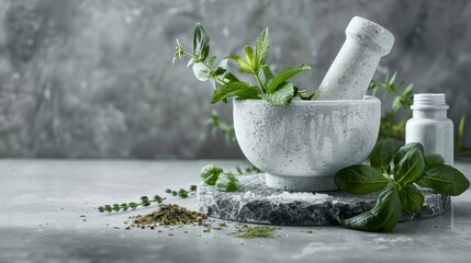 The process of making natural cosmetics from green plants and healing herbs with white stone mortar. Generative ai - obrazy, fototapety, plakaty