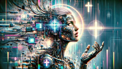 Religion and AI. Cyborg christian woman in front of futuristic circuit board with christian symbols. 3D rendering