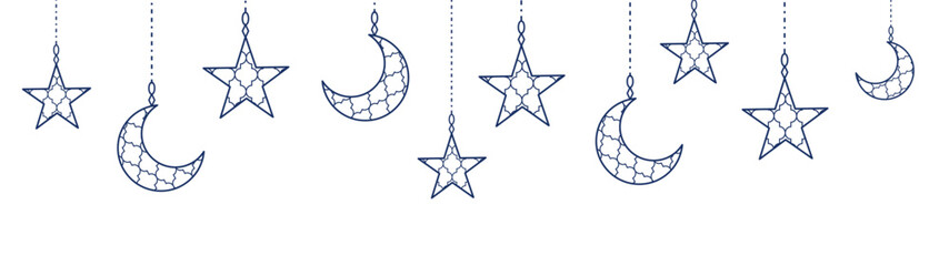 Ramadan line decoration. Hanging crescents, stars. Islamic celebration border.