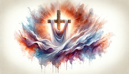 Cross of Jesus Christ with shroud on abstract colorful paint background. Digital illustration.