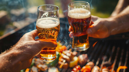 close-up of beer in hands on the background of a barbecue, nature