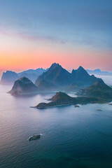 Lofoten islands in Norway sunset landscape rocks and sea travel destinations scenery northern...