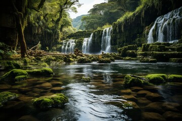 A picturesque waterfall in a forest with a river flowing through