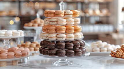 A delightful tower of colorful macarons presented on a glass stand, epitomizing sophistication and sweet indulgence